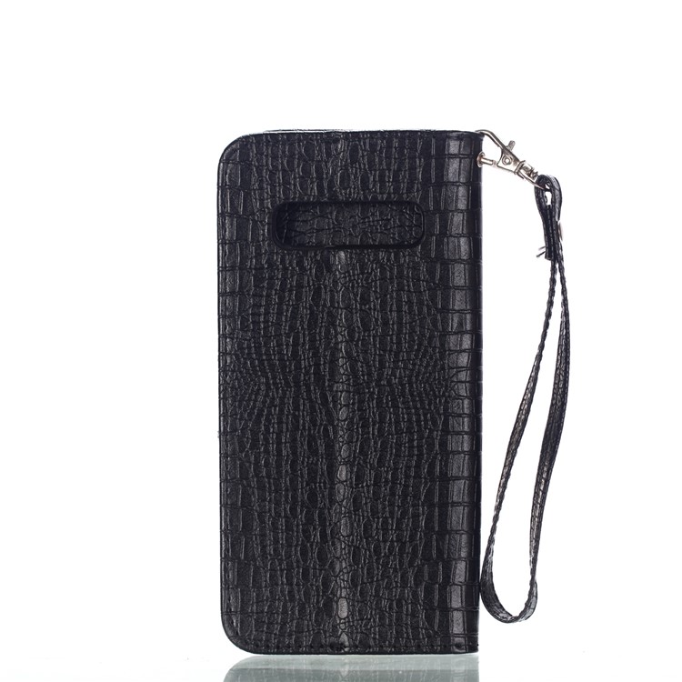 Crocodile Texture Zippered Stand Leather Wallet Case with Strap for Samsung Galaxy S10 Plus - Black-2