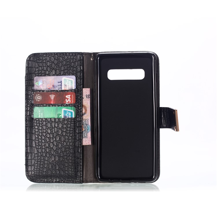 Crocodile Texture Zippered Stand Leather Wallet Case with Strap for Samsung Galaxy S10 Plus - Black-3