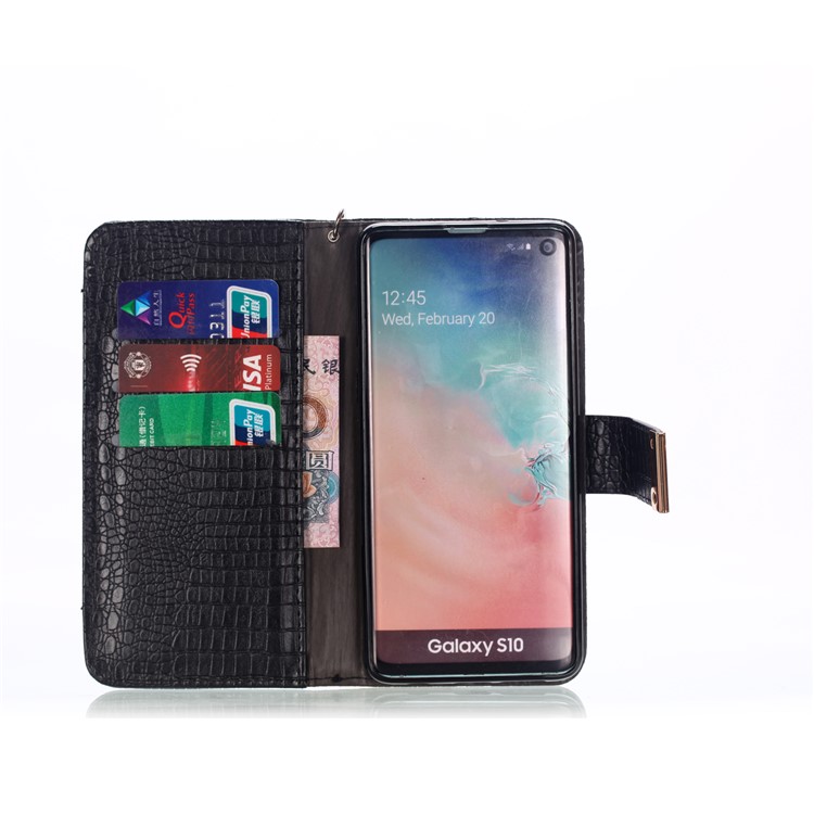 Crocodile Texture Zippered Stand Leather Wallet Case with Strap for Samsung Galaxy S10 - Black-3