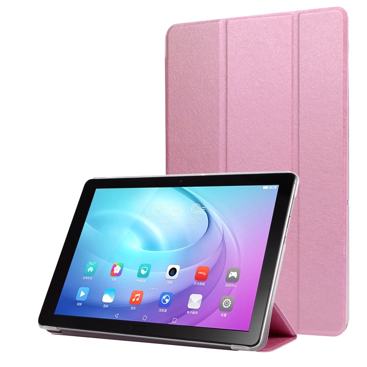 Silk Texture Tri-fold Stand Leather Case for Samsung Galaxy Tab S5e SM-T720 - Pink-1