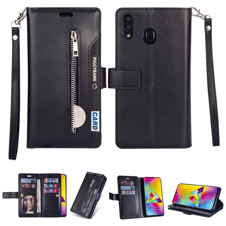 Multi-slot Wallet Zippered Leather Stand Case for Samsung Galaxy A30 - Black-1