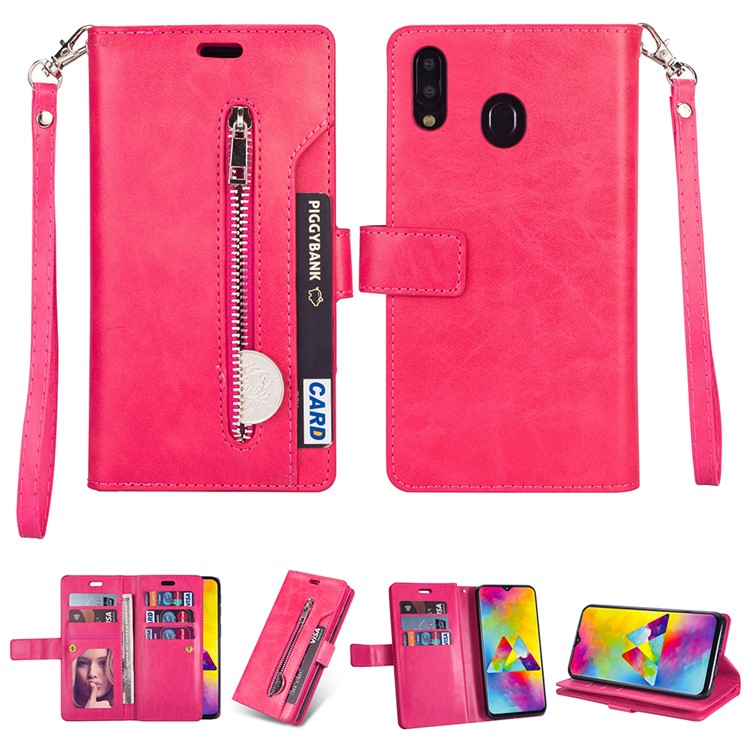 Multi-slot Wallet Zippered Leather Stand Case for Samsung Galaxy A30 - Rose-1