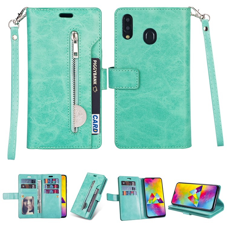 Multi-slot Wallet Zippered Leather Stand Case for Samsung Galaxy A30 - Green-1