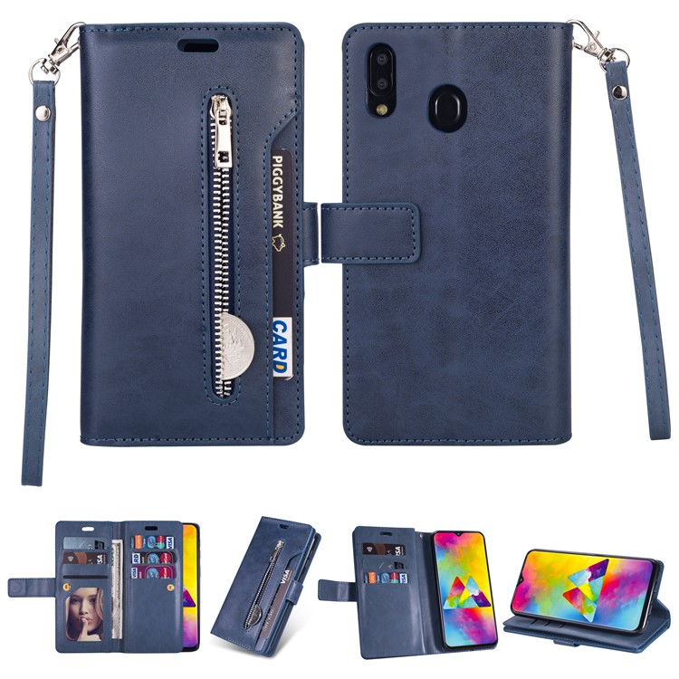 Multi-slot Wallet Zippered Leather Stand Case for Samsung Galaxy M20 - Dark Blue-1