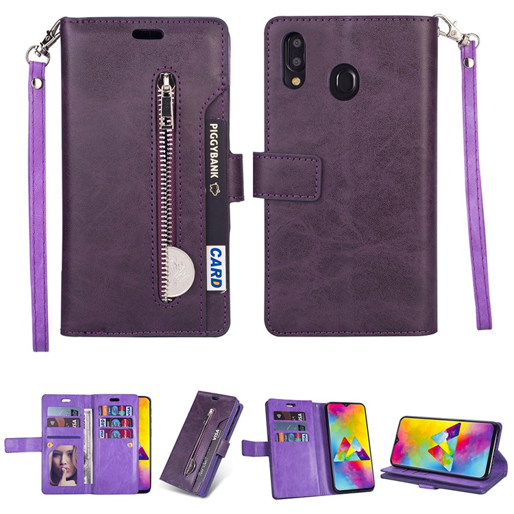 Multi-slot Wallet Zippered Leather Stand Case for Samsung Galaxy M20 - Purple-1