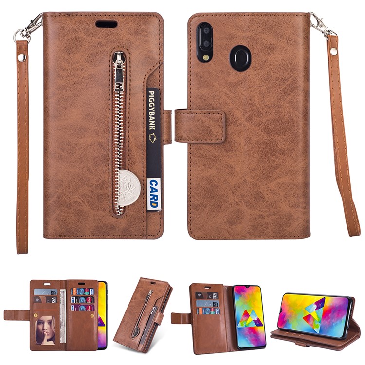 Multi-slot Wallet Zippered Leather Stand Case for Samsung Galaxy M20 - Brown-1
