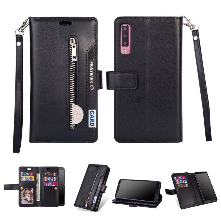 Multi-slot Wallet Zippered Leather Stand Case for Samsung Galaxy A70 - Black-1