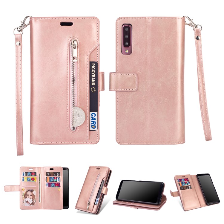 Multi-slot Wallet Zippered Leather Stand Case for Samsung Galaxy A70 - Pink-1