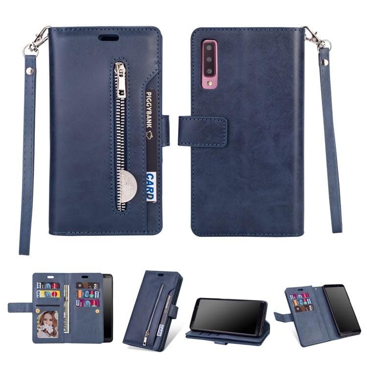 Multi-slot Wallet Zippered Leather Stand Case for Samsung Galaxy A70 - Dark Blue-1
