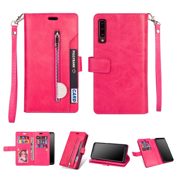 Multi-Slot Brieftasche Mit Reißverschluss Ledertasche Für Samsung Galaxy A50 - Rose-1