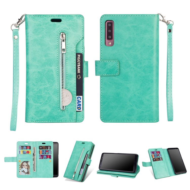 Multi-slot Wallet Zippered Leather Cover Stand Case for Samsung Galaxy A50/A50s/A30s - Green-1