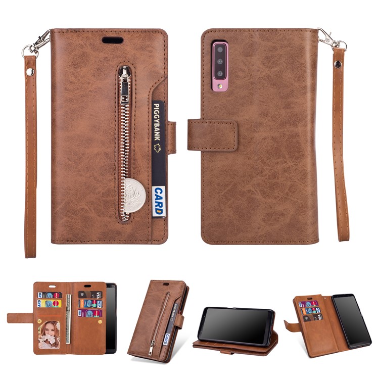 Multi-slot Wallet Zippered Leather Cover Stand Case for Samsung Galaxy A50/A50s/A30s - Brown-1