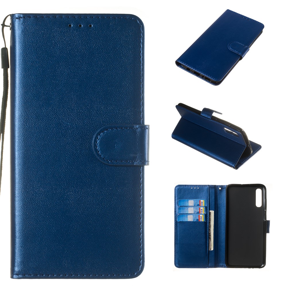 Solid Color Leather Wallet Stand Phone Case Cover for Samsung Galaxy A70 - Blue-1