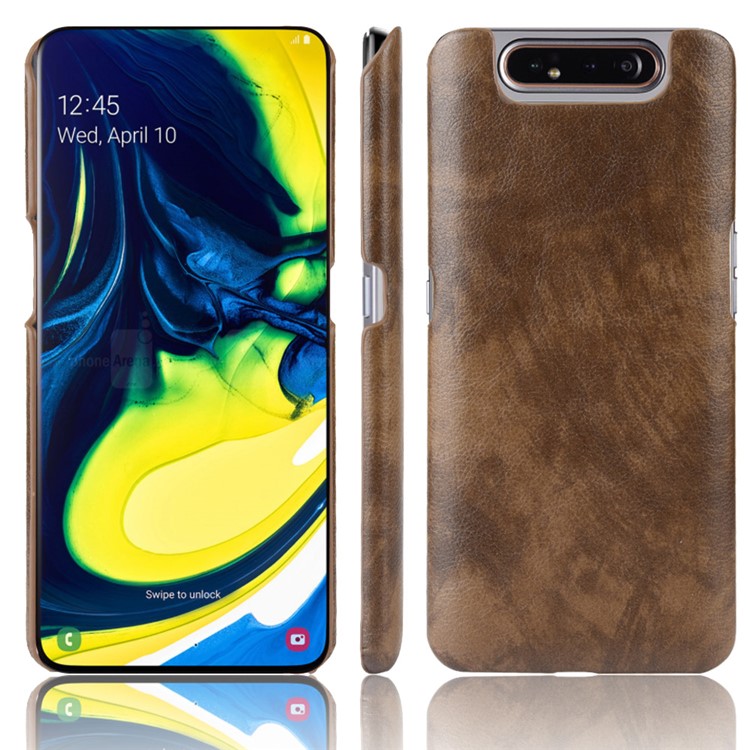 Litchi Texture PU Leather Coated PC Hard Case for Samsung Galaxy A80 / A90 - Brown-1