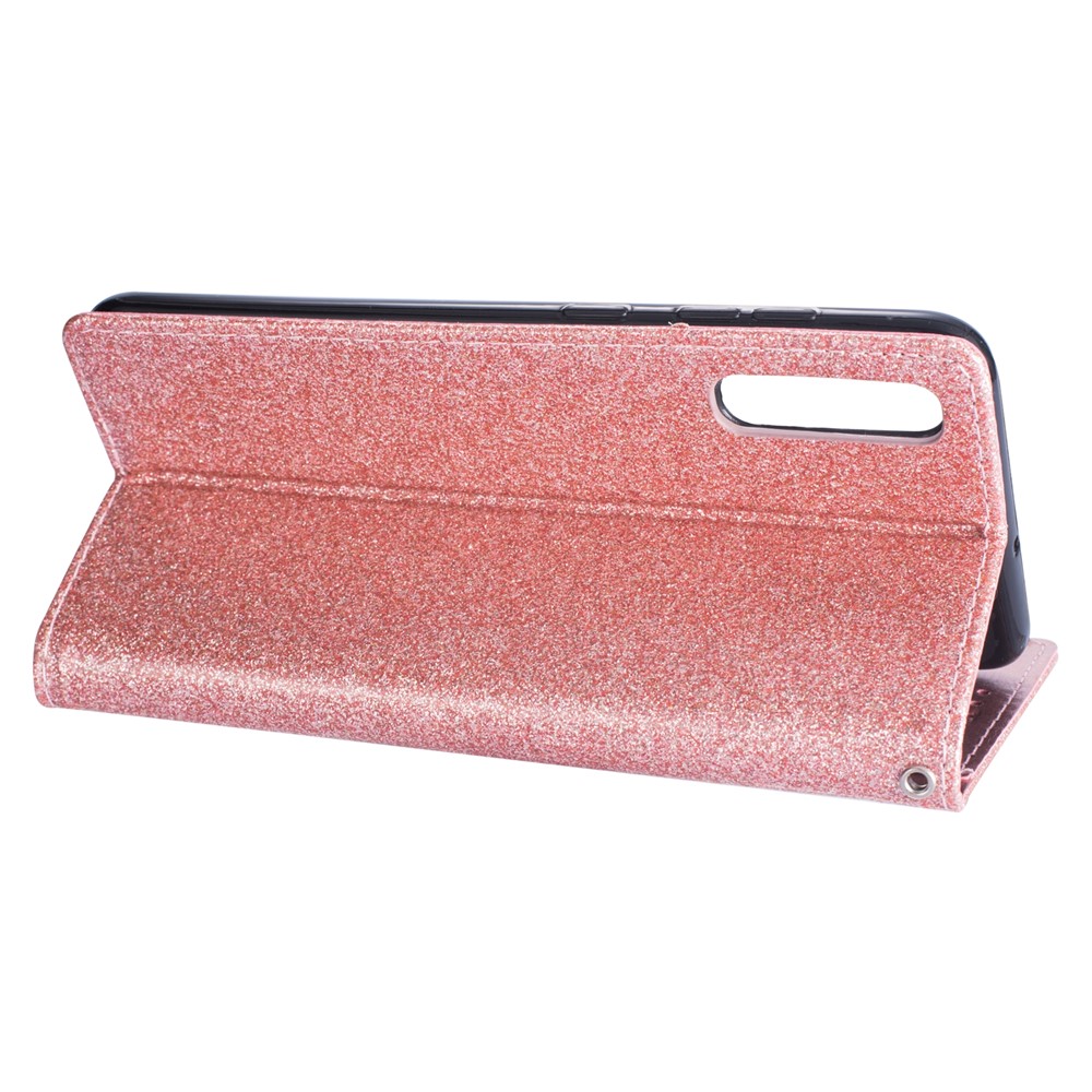 Glitter Powder Zippered Stand Leather Wallet Case with Strap for Samsung Galaxy A70 - Rose Gold-6