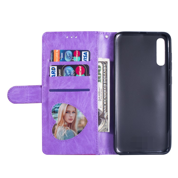 Glitter Powder Zippered Stand Leather Wallet Case with Strap for Samsung Galaxy A70 - Purple-3