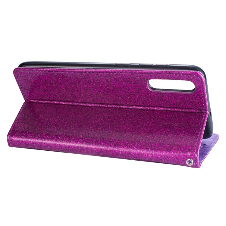 Glitter Powder Zippered Stand Leather Wallet Case with Strap for Samsung Galaxy A70 - Purple-6