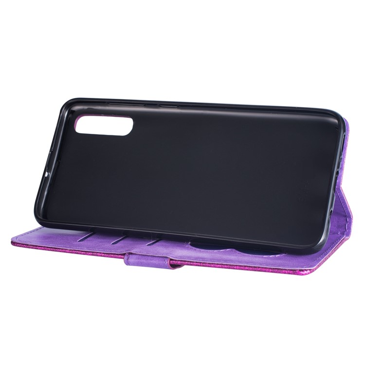 Glitter Powder Zippered Stand Leather Wallet Case with Strap for Samsung Galaxy A70 - Purple-7