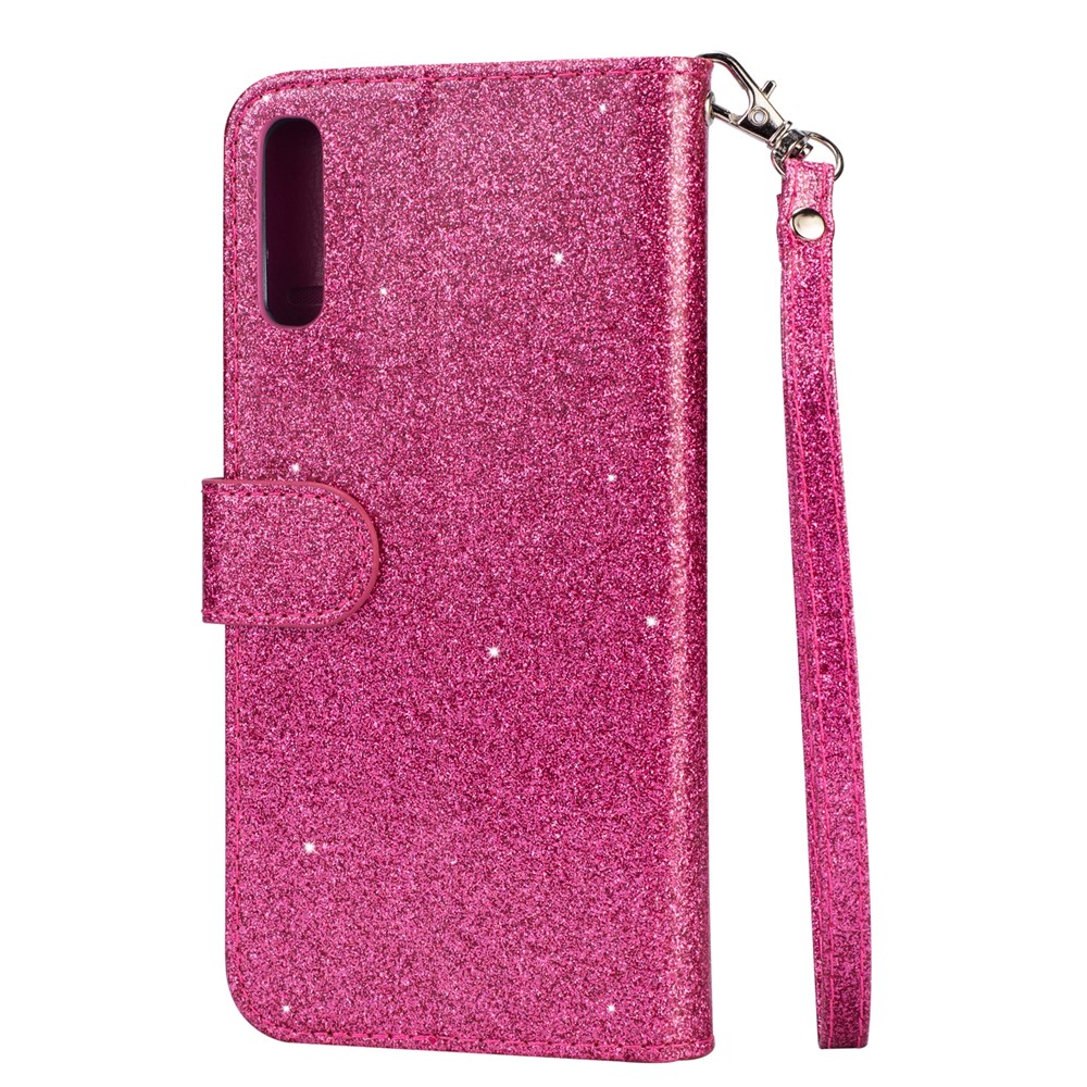 Glitter Powder Zippered Stand Leather Wallet Case with Strap for Samsung Galaxy A70 - Rose-4
