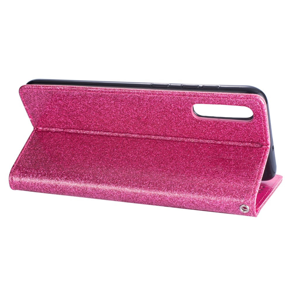 Glitter Powder Zippered Stand Leather Wallet Case with Strap for Samsung Galaxy A70 - Rose-6