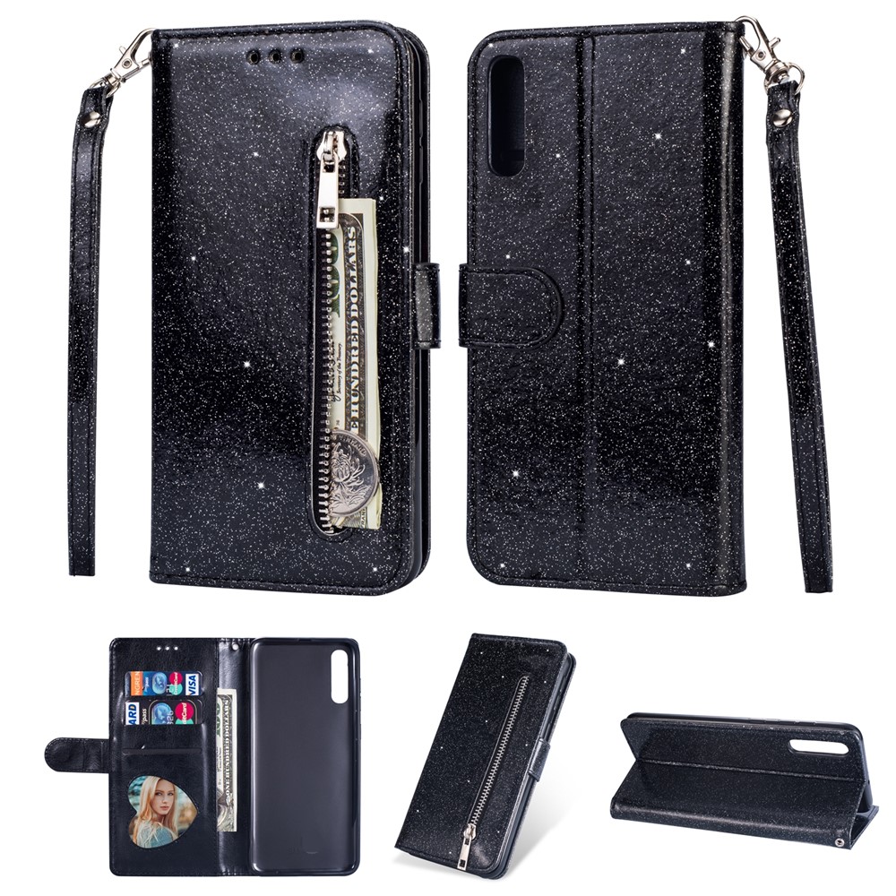 Glitter Powder Zippered Stand Leather Wallet Case with Strap for Samsung Galaxy A70 - Black-1
