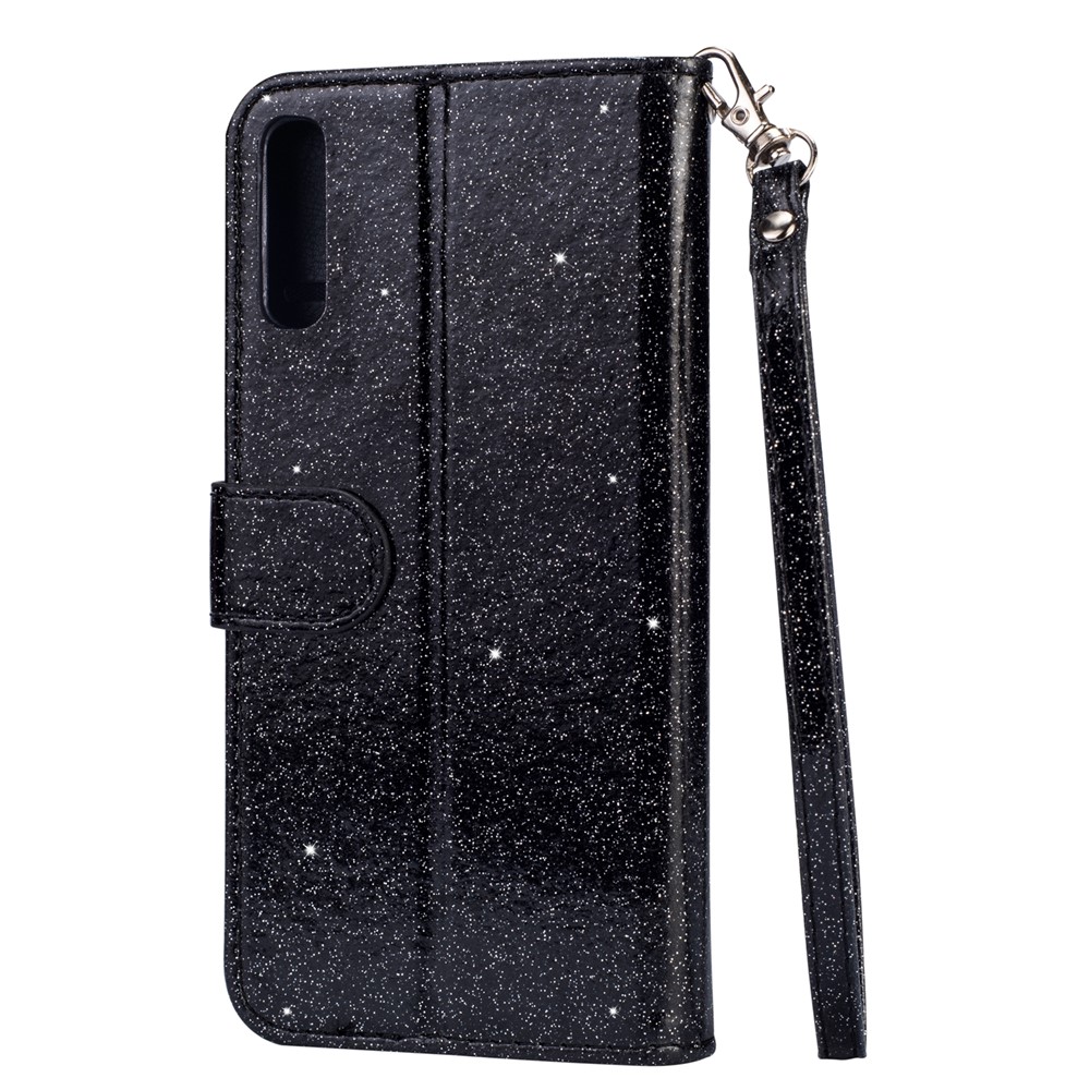 Glitter Powder Zippered Stand Leather Wallet Case with Strap for Samsung Galaxy A70 - Black-4