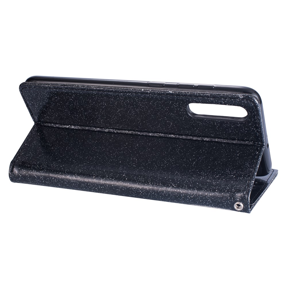 Glitter Powder Zippered Stand Leather Wallet Case with Strap for Samsung Galaxy A70 - Black-7