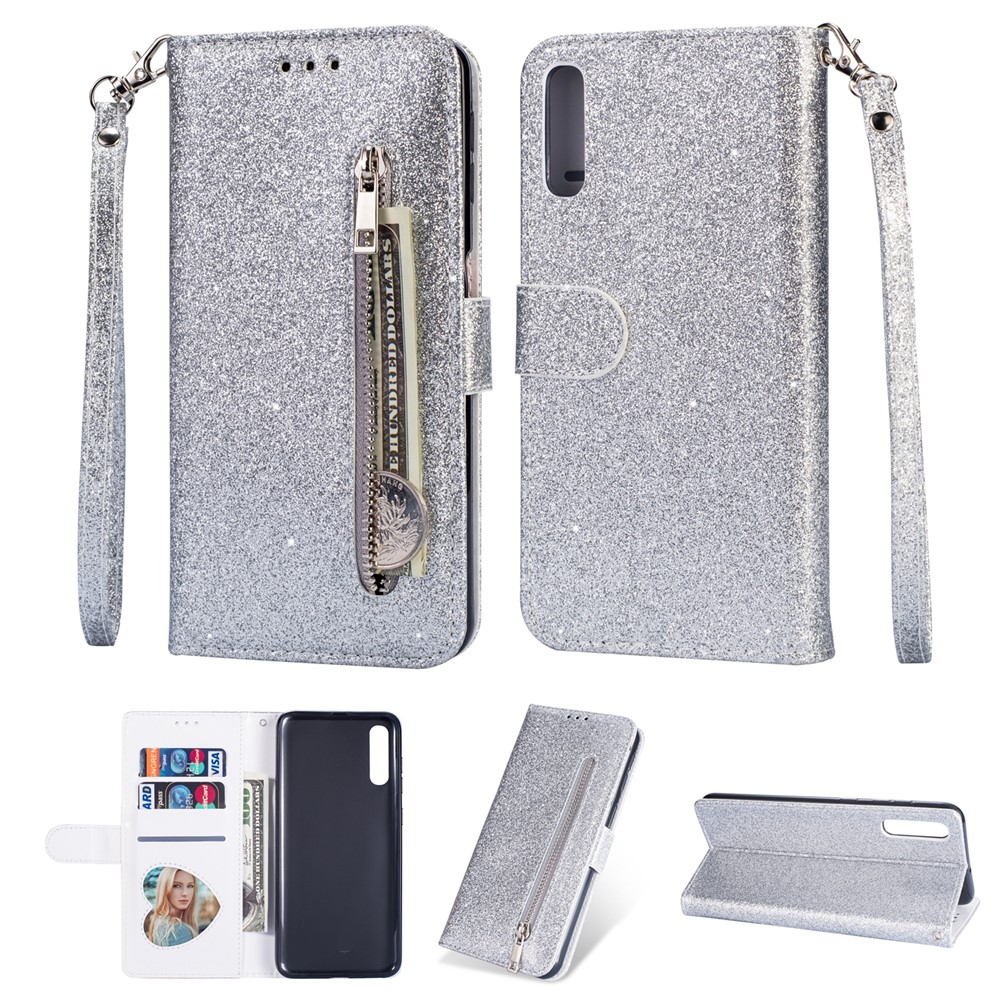 Glitter Powder Zippered Stand Leather Wallet Case with Strap for Samsung Galaxy A70 - Silver-1