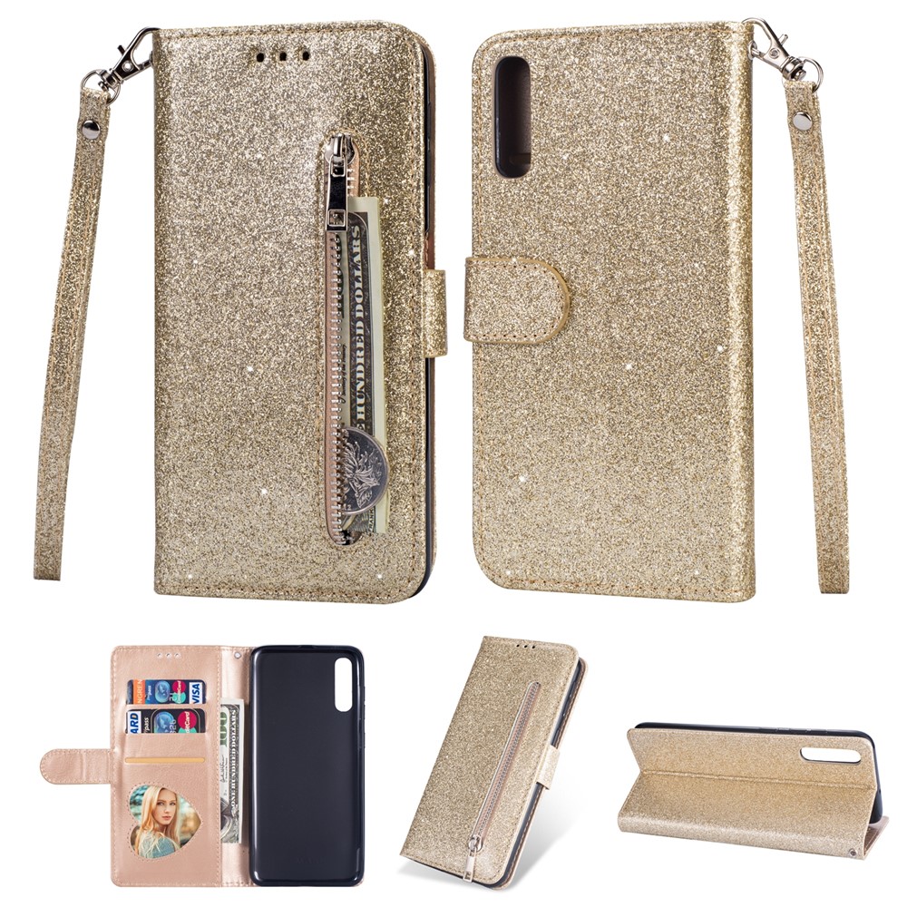 Glitter Powder Zippered Stand Leather Wallet Case with Strap for Samsung Galaxy A70 - Gold-1