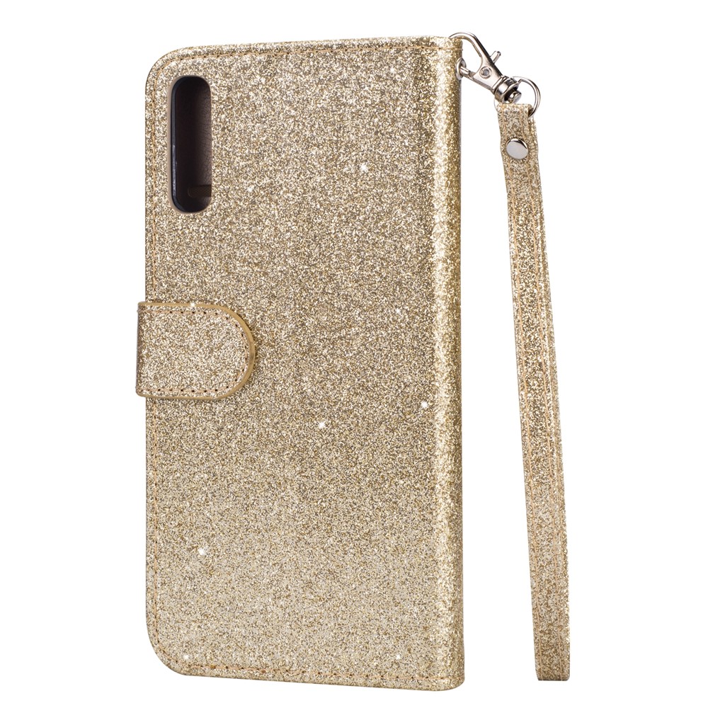 Glitter Powder Zippered Stand Leather Wallet Case with Strap for Samsung Galaxy A70 - Gold-4