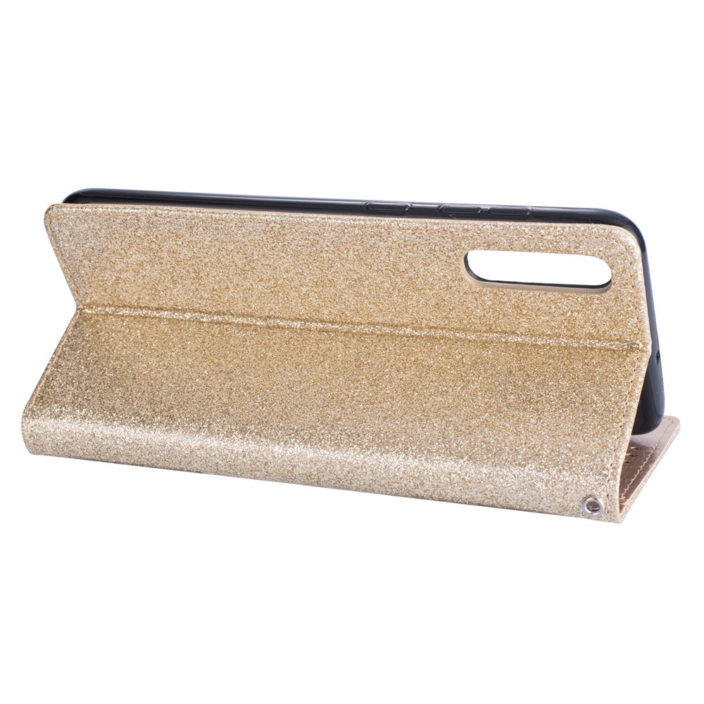 Glitter Powder Zippered Stand Leather Wallet Case with Strap for Samsung Galaxy A70 - Gold-5