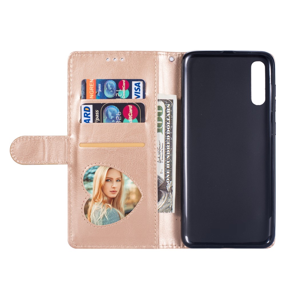 Glitter Powder Zippered Stand Leather Wallet Case with Strap for Samsung Galaxy A70 - Gold-6