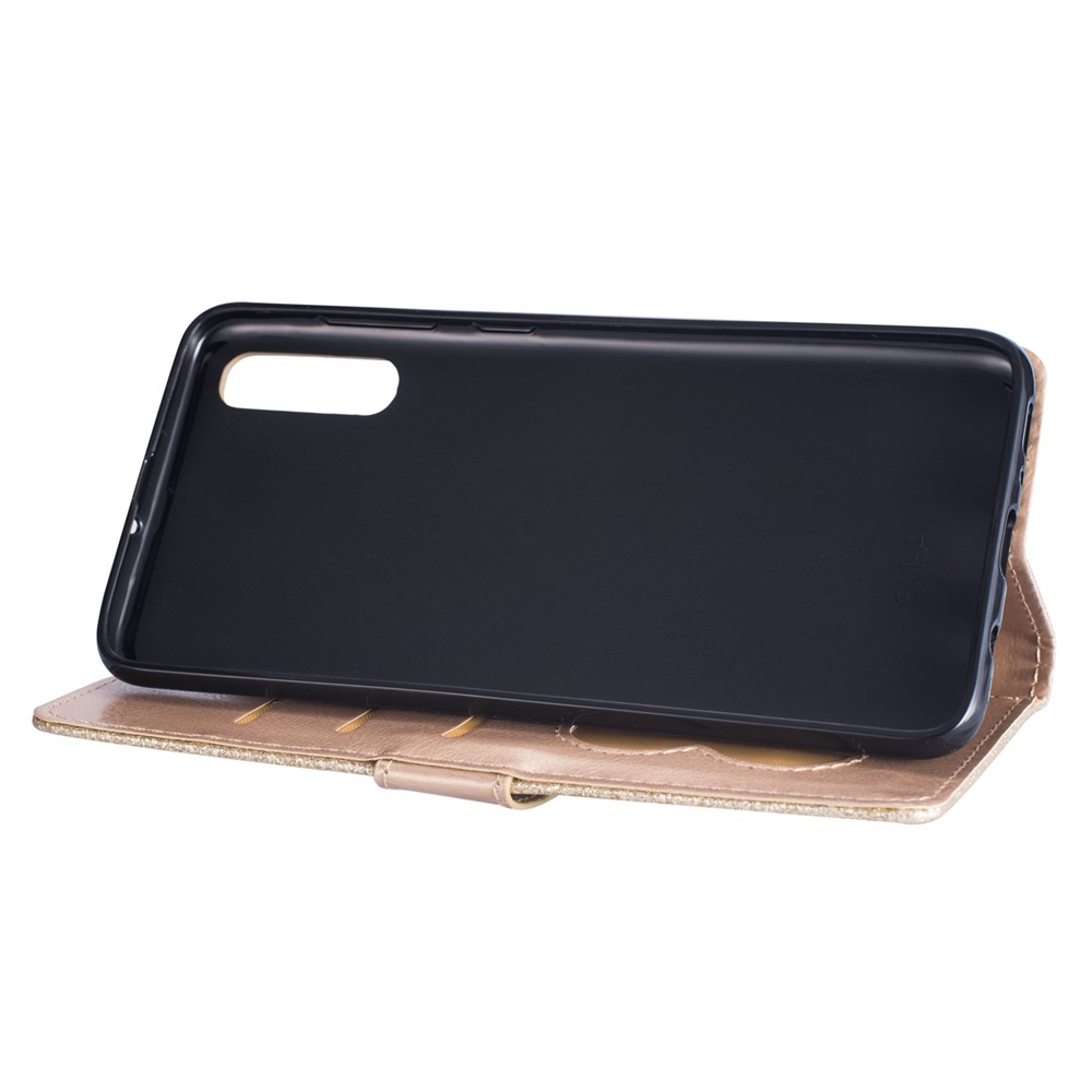 Glitter Powder Zippered Stand Leather Wallet Case with Strap for Samsung Galaxy A70 - Gold-7