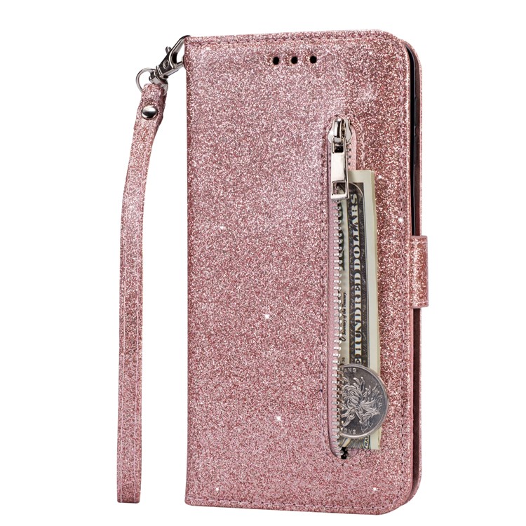 Glitter Powder Zippered Stand Leather Wallet Case with Strap for Samsung Galaxy A50 - Rose Gold-2