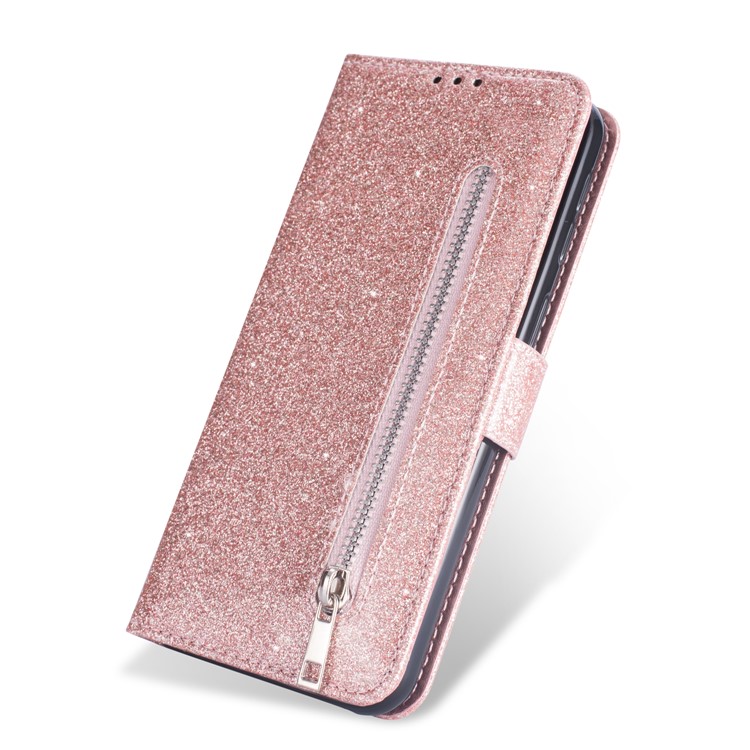 Glitter Powder Zippered Stand Leather Wallet Case with Strap for Samsung Galaxy A50 - Rose Gold-3