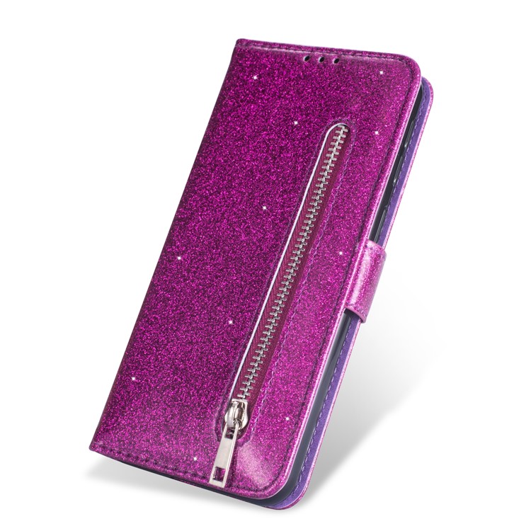 Glitter Powder Zippered Stand Leather Wallet Case with Strap for Samsung Galaxy A50/A50s/A30s - Purple-3