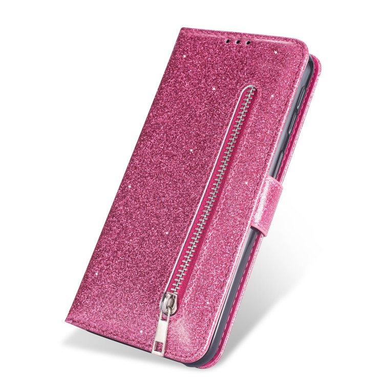 Glitter Powder Zippered Stand Leather Wallet Case with Strap for Samsung Galaxy A50/A50s/A30s - Rose-3