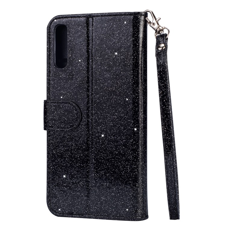 Glitter Powder Zippered Stand Leather Wallet Case with Strap for Samsung Galaxy A50/A50s/A30s - Black-4