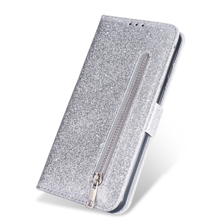 Glitter Powder Zippered Stand Leather Wallet Case with Strap for Samsung Galaxy A50/A50s/A30s - Silver-3