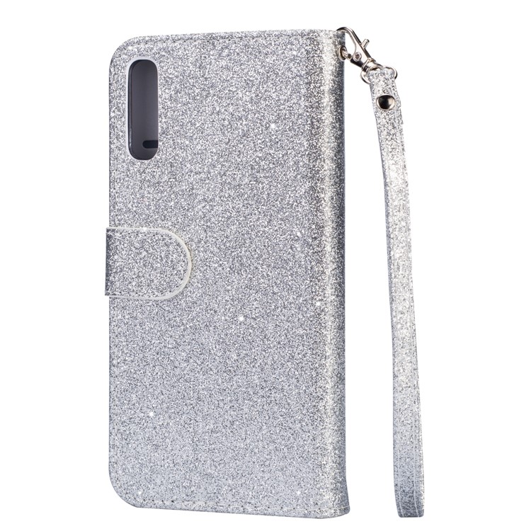 Glitter Powder Zippered Stand Leather Wallet Case with Strap for Samsung Galaxy A50/A50s/A30s - Silver-4