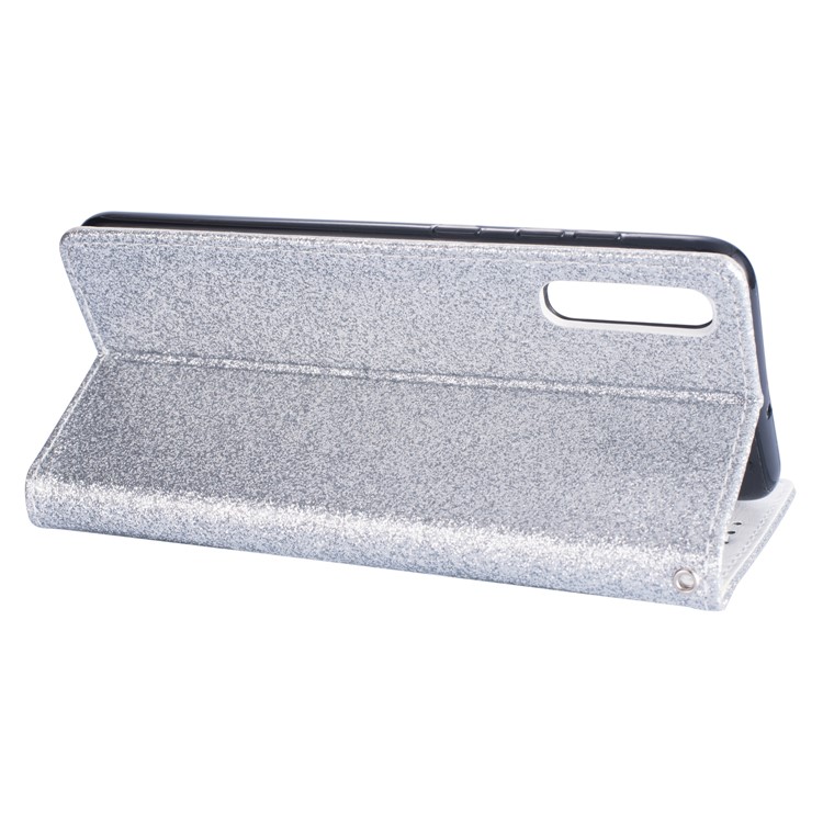 Glitter Powder Zippered Stand Leather Wallet Case with Strap for Samsung Galaxy A50/A50s/A30s - Silver-6