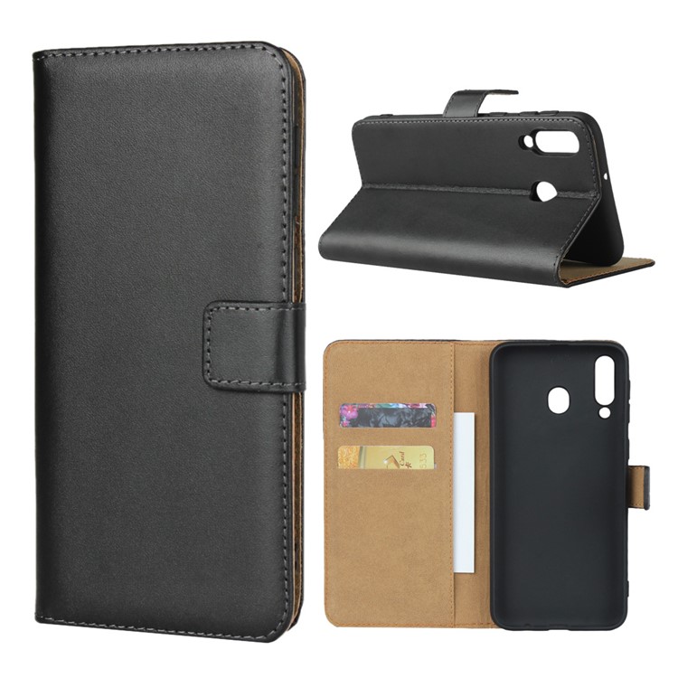 Genuine Leather Wallet Phone Cover wth Stand for Samsung Galaxy M30 - Black-1