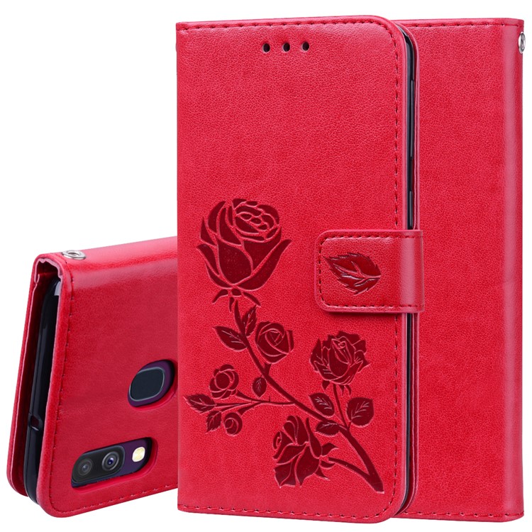 Imprinted Rose Flower Pattern Leather Wallet Case for Samsung Galaxy A40 - Red-1