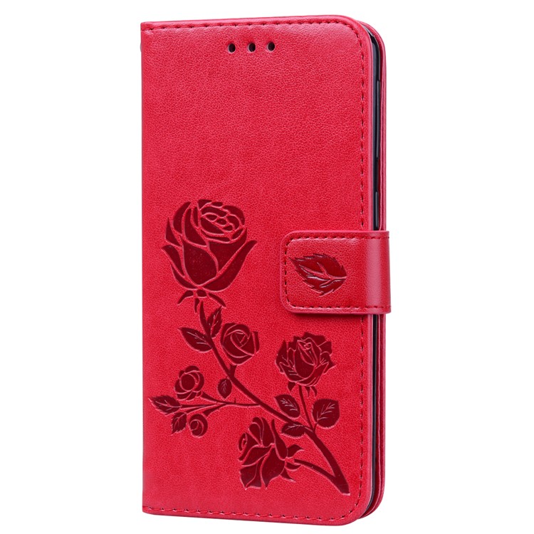 Imprinted Rose Flower Pattern Leather Wallet Case for Samsung Galaxy A40 - Red-2