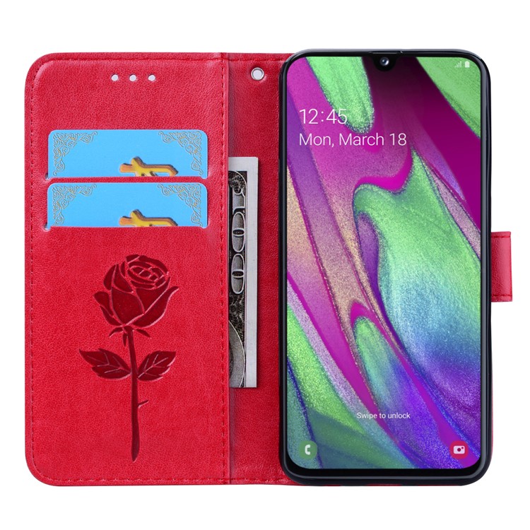 Imprinted Rose Flower Pattern Leather Wallet Case for Samsung Galaxy A40 - Red-5