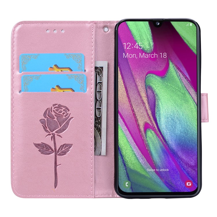 Imprinted Rose Flower Pattern Leather Wallet Case for Samsung Galaxy A40 - Pink-6