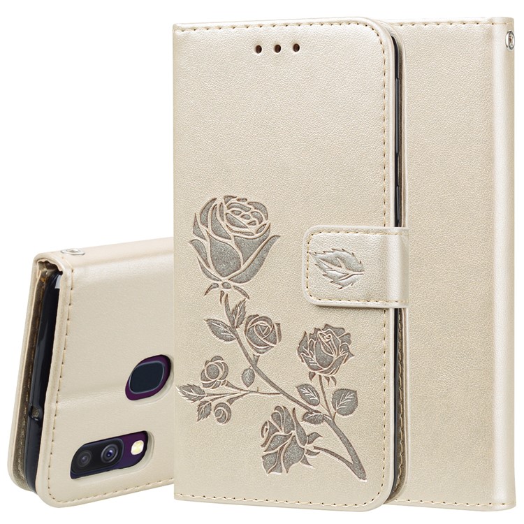 Imprinted Rose Flower Pattern Leather Wallet Case for Samsung Galaxy A40 - Gold-1