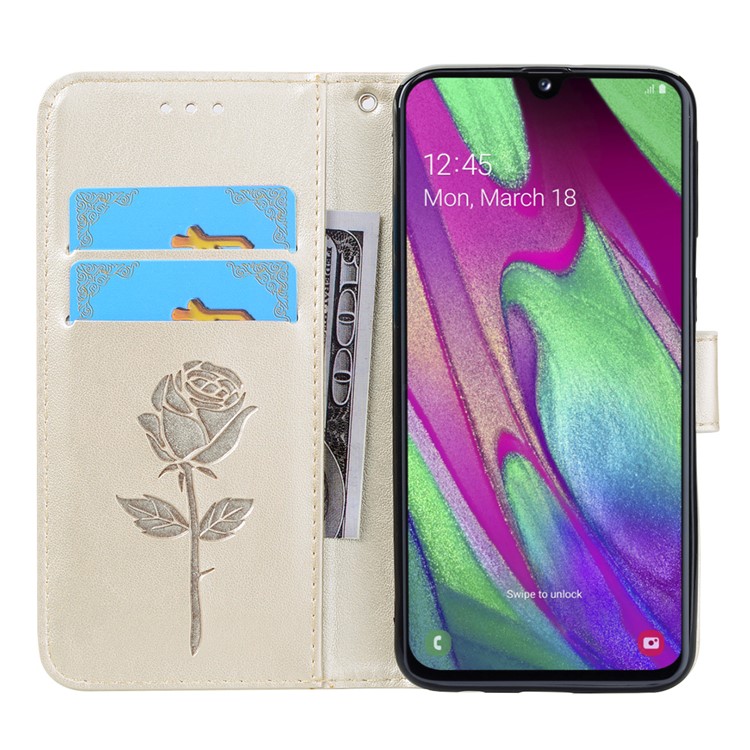 Imprinted Rose Flower Pattern Leather Wallet Case for Samsung Galaxy A40 - Gold-6