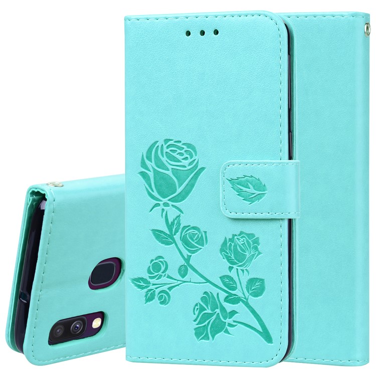 Imprinted Rose Flower Pattern Leather Wallet Case for Samsung Galaxy A40 - Cyan-1