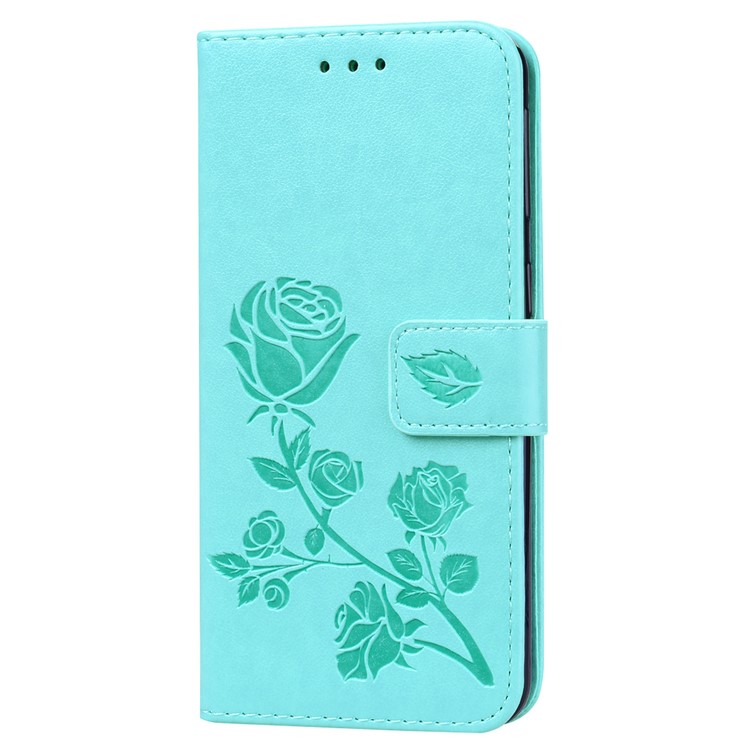 Imprinted Rose Flower Pattern Leather Wallet Case for Samsung Galaxy A40 - Cyan-2
